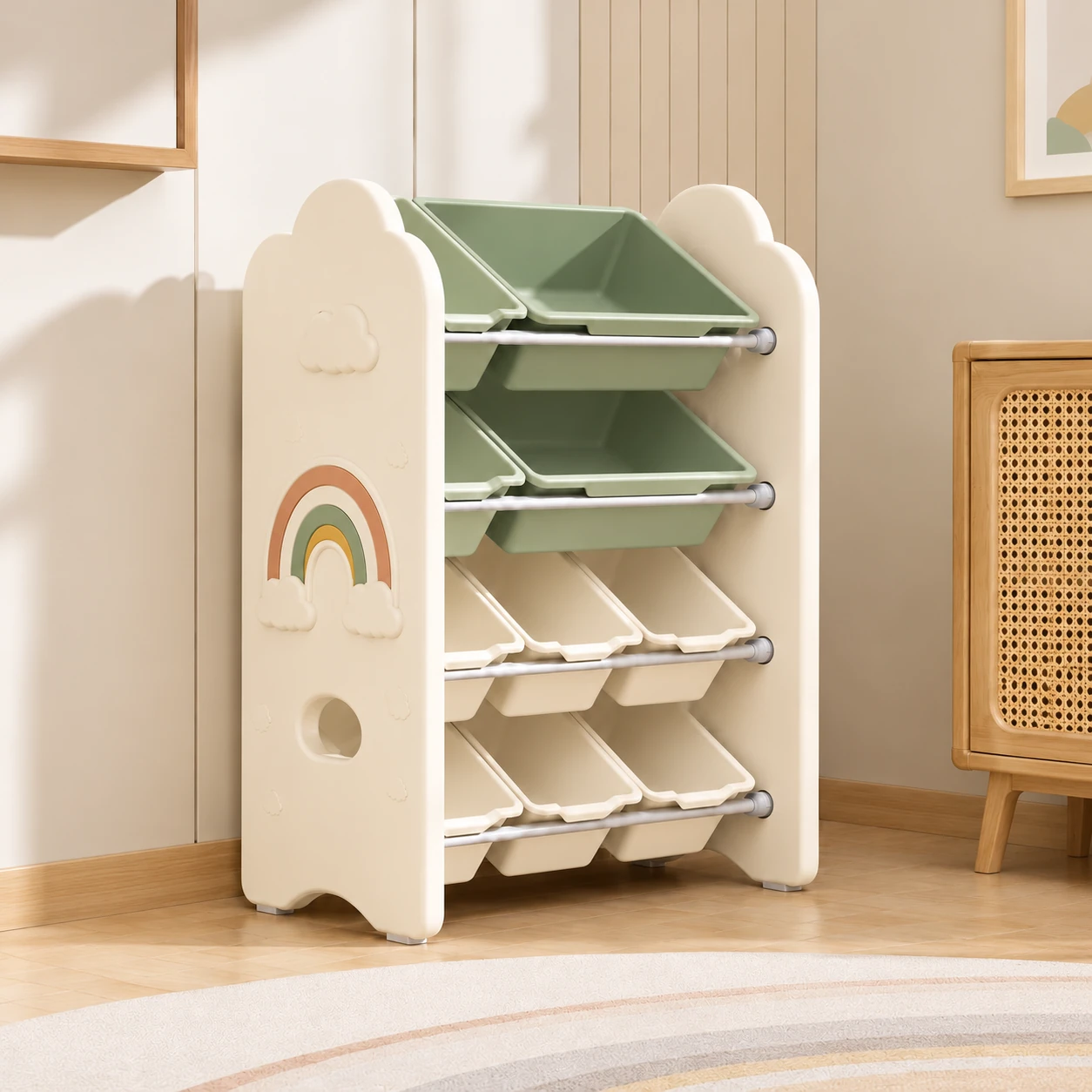 Cream & Sage cloud-and-rainbow storage color concept