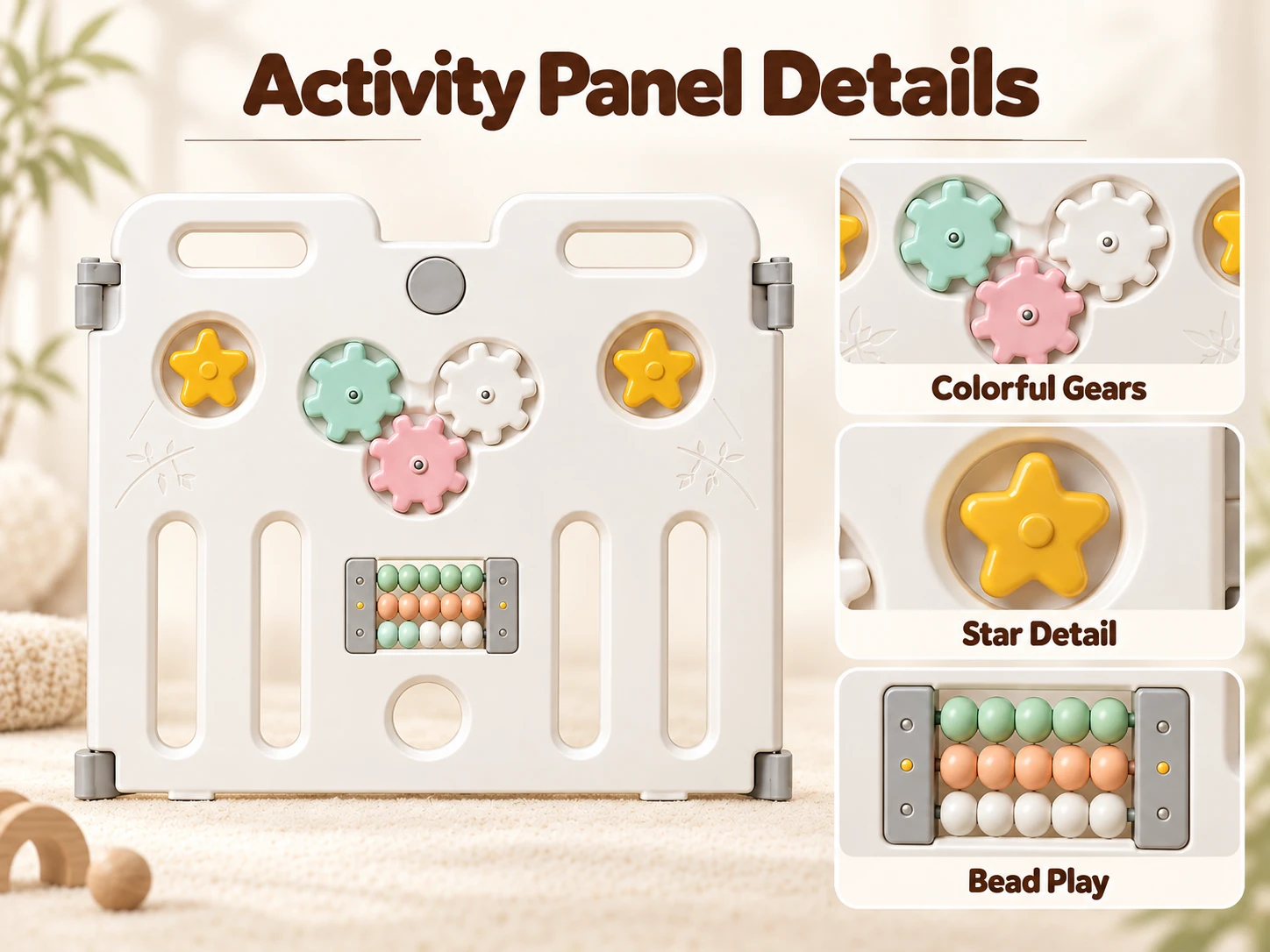 Activity panel with colourful gears, star details and bead play