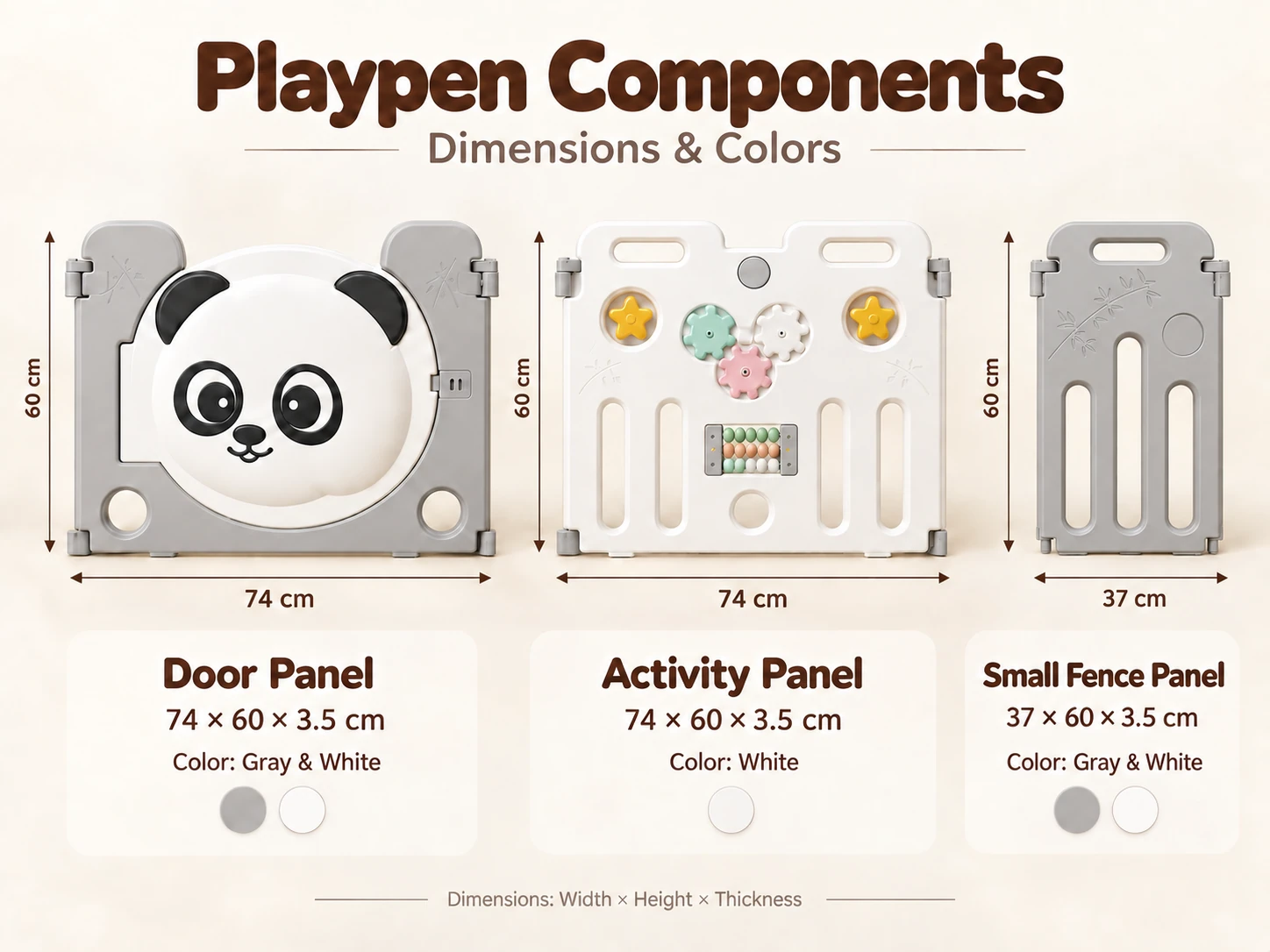 Panda playpen door panel, activity panel and small fence panel dimensions and colours
