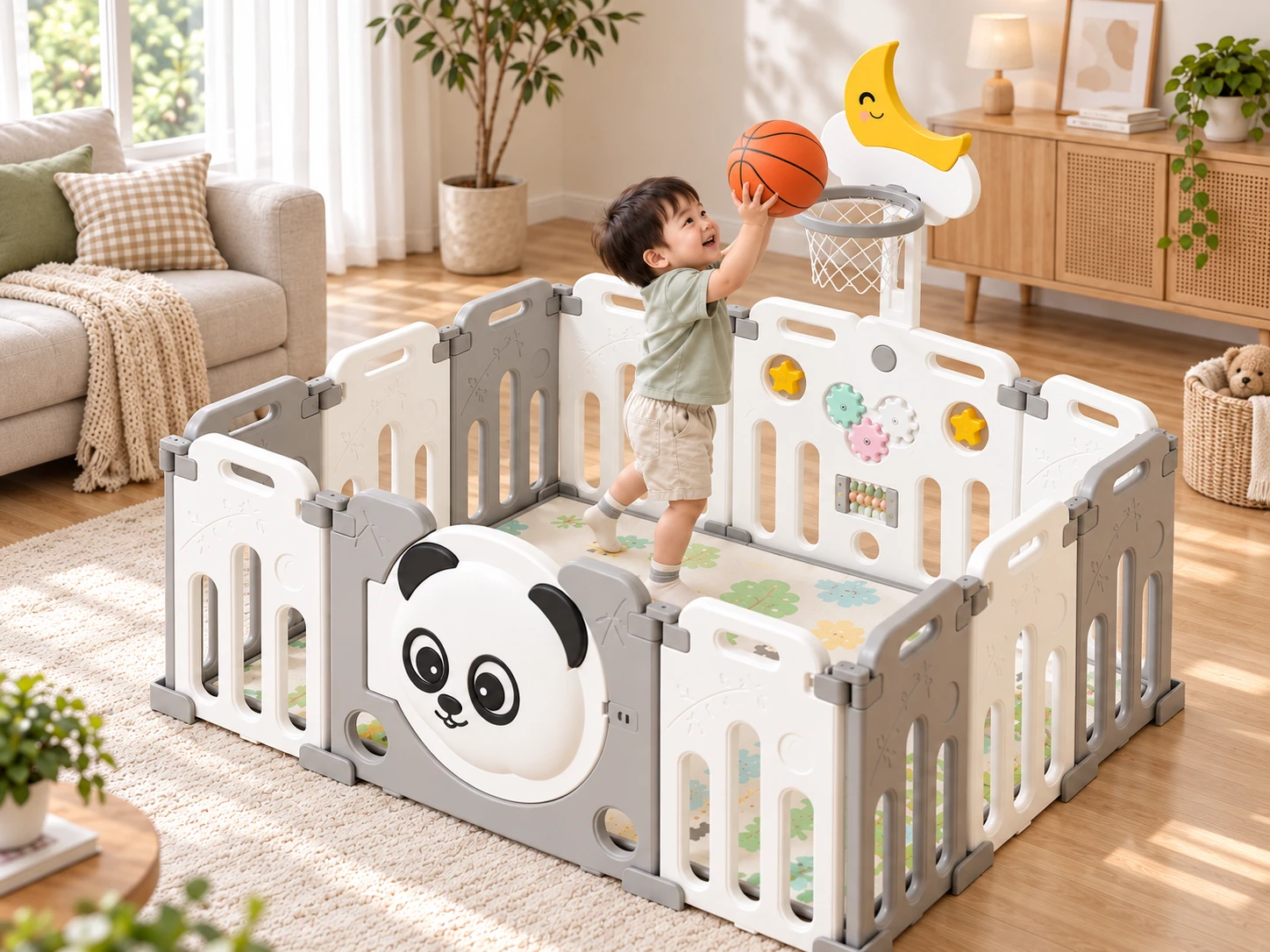Panda playpen with a play mat and basketball hoop in a living room