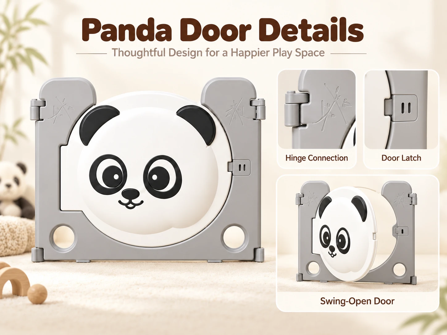 Panda door panel with hinge connection, door latch and swing-open door details